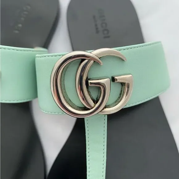 Gucci Marmont GG Thong Leather Water Green EU 37.5 US 7.5 Flip Flop Flat Sandals - Picture 8 of 16